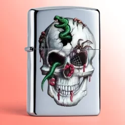 Zippo vetrootporni upaljač - Lobanja i zmije, brušeni hrom